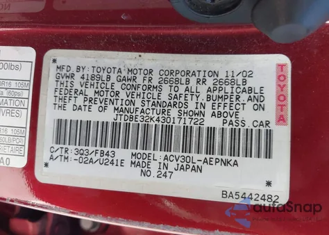 2003 Toyota Camry Le z USA, uszkodzony, nr VIN JTDBE32K430171722